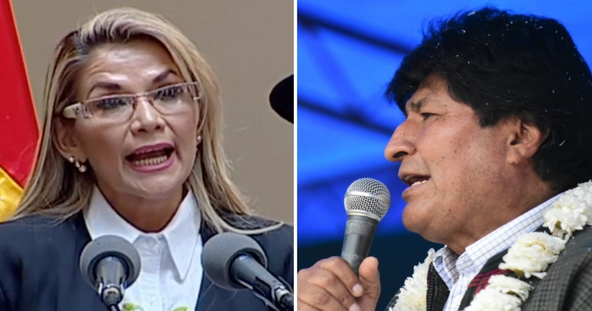 La presidenta interina de Bolivia Jeanine Áñez y el exmandatario Evo Morales. © Collage con captura de pantalla de YouTube / Bolivia TV y Twitter / Evo Morales