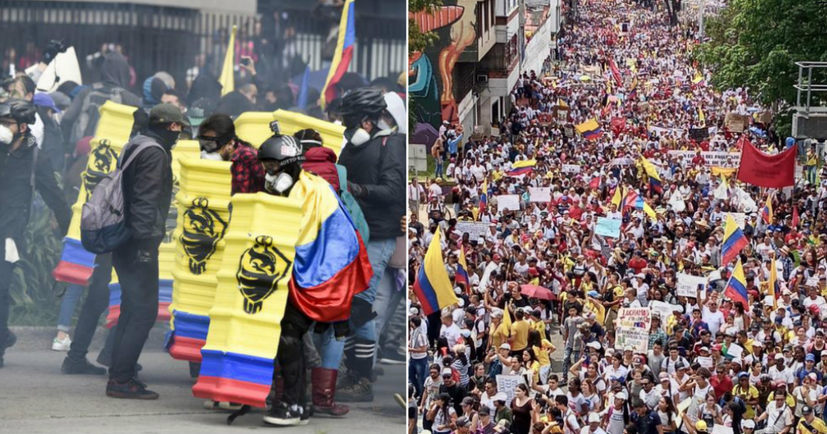 Enfrentamientos en Colombia (i) y Marcha en Cali (d) © Collage Twitter/Gustavo Petro