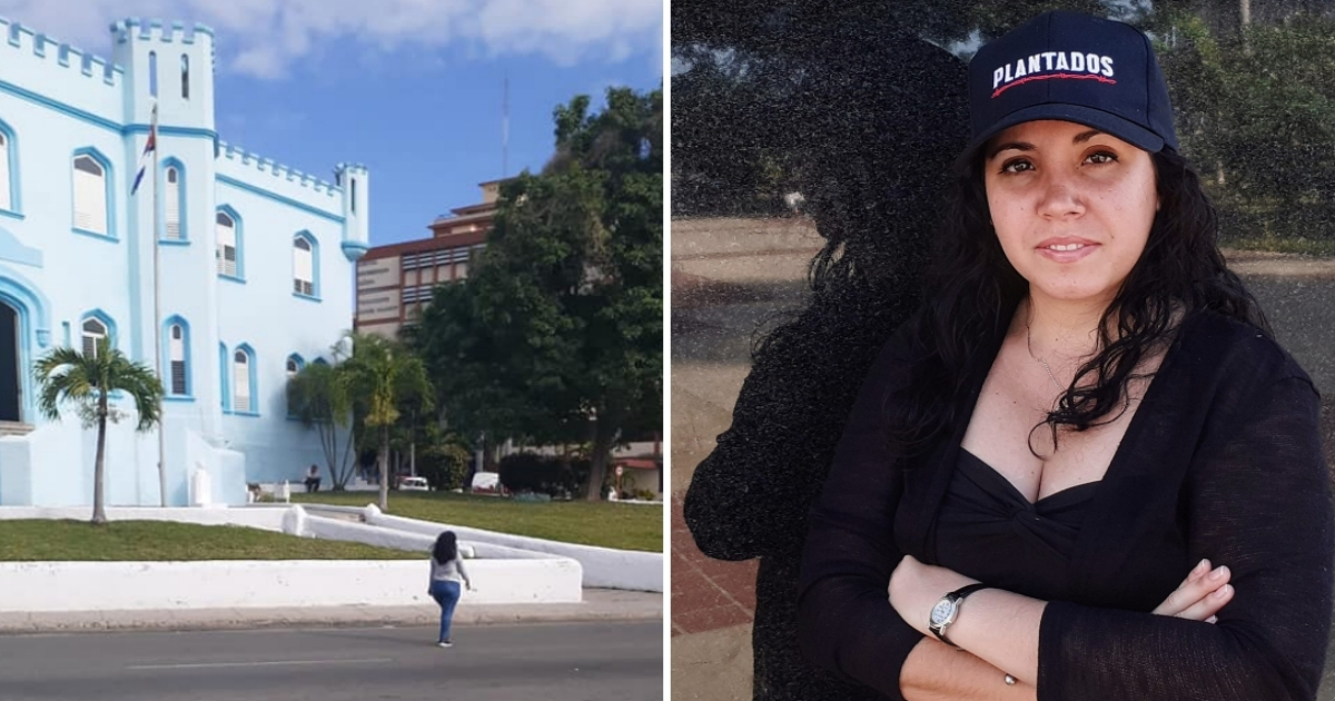 Camila Acosta en la unidad donde la citaron y con una gorra de la película Plantados. © Collage con Facebook de Angel Santiesteban-Prats y Camila Acosta. 