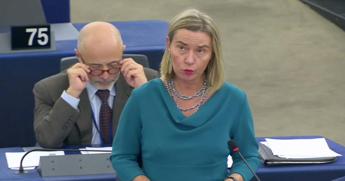Federica Mogherini, durante su intervención en el Parlamento Europeo. © Captura de pantalla de Comisión Europea