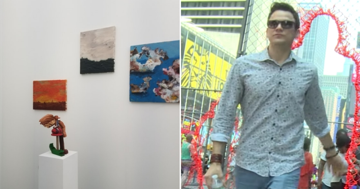 Obras de Arlés del Río en Miami y el artista en una imagen de archivo. © Collage con Daniel Domínguez y YouTube