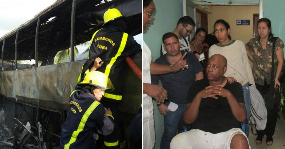 Ómnibus accidentado y David Calzado en el hospital © Facebook / Karín Gómez y Ortelio González