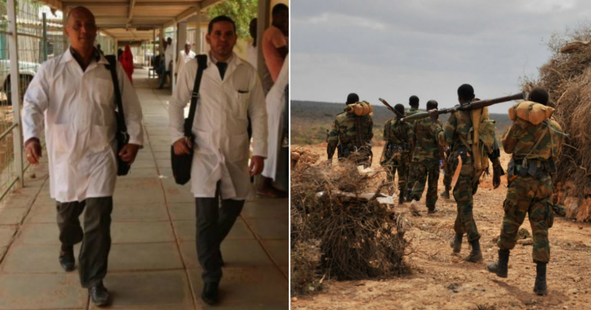 Los médicos cubanos secuestrados (i) Soldados de la Unión Africana en Somalia (d) © Collage Twitter/Switch TV Kenia - AMISON.au.org