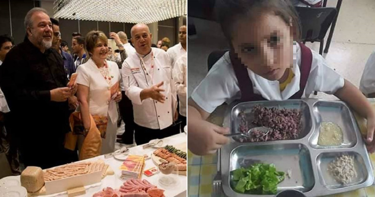 Manuel Marrero y Lis Cuesta en evento culinario y una niña almorzando en una escuela cubana. © Facebook