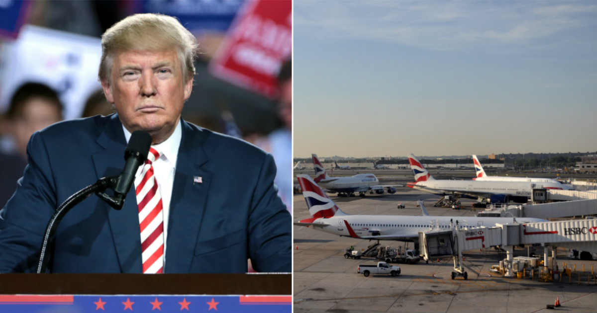 Donald Trump (i) y aviones en el Aeropuerto JFK, en Nueva York (d) © Collage Wikimedia- Flickr/Eric Salard