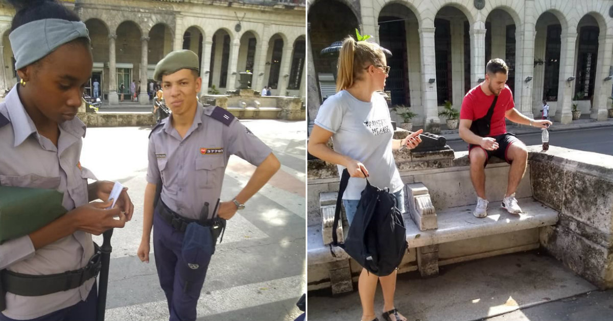 Policías que impusieron las multas (i) y Una pareja de extranjeros que no habría sido multada pese a estar sentados de forma similar (d) © Collage Facebook/Dalia Hernández