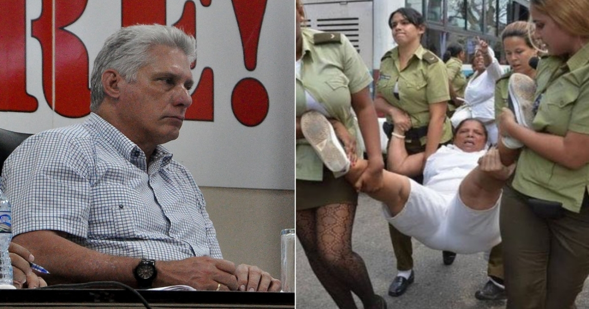 Díaz-Canel y arresto a una Dama de Blanco. © Twitter / Presidencia de Cuba y @Don96593718