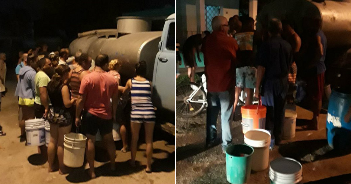 Vecinos del reparto Sevillano hacen cola para llenar recipientes de agua. © Collage Facebook/Marlon Garcias