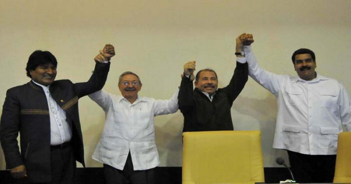 Evo Morales, Raúl Castro, Daniel Ortega y Nicolás Maduro. (imagen de archivo) © Estudios Revolución