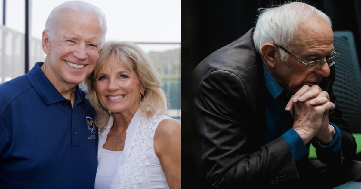 Joe Biden junto a su esposa y Bernie Sanders rezando. (imágenes de referencia) © Twitter de los demócratas