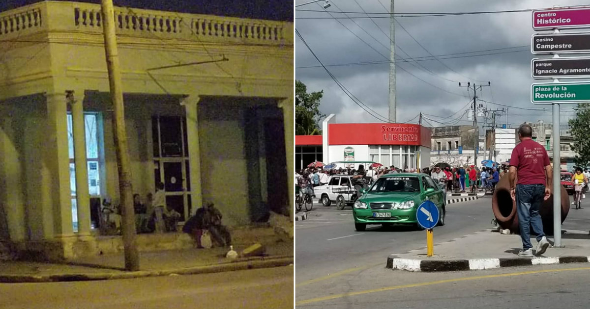 Colas en Camagüey a las puertas de una farmacia (izda) y para comprar pollo (drecha) © Facebook / Lilo Vilaplana