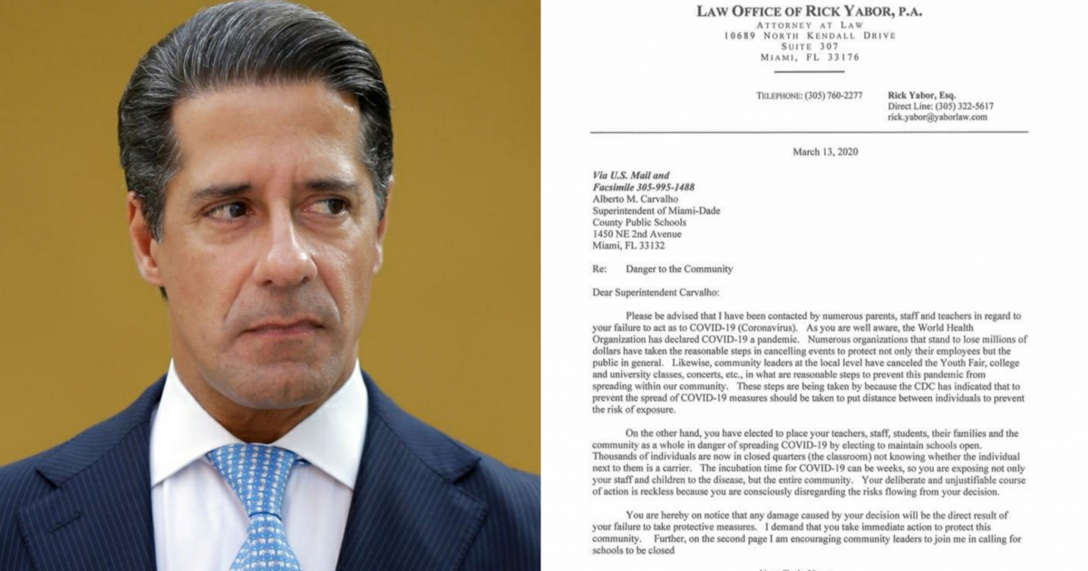 Alberto Carvalho, superintendente de Miami Dade, recibe carta exigiendo cierre © Law Offices of Rick Yabor