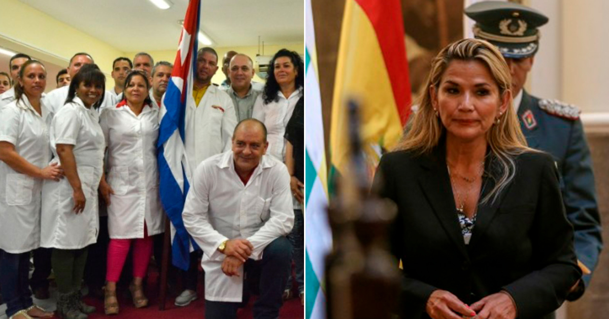 Médicos cubanos en Bolivia y presidenta interina, Jeanine Áñez © @EmbaCubaLima y Captura de video de Youtube