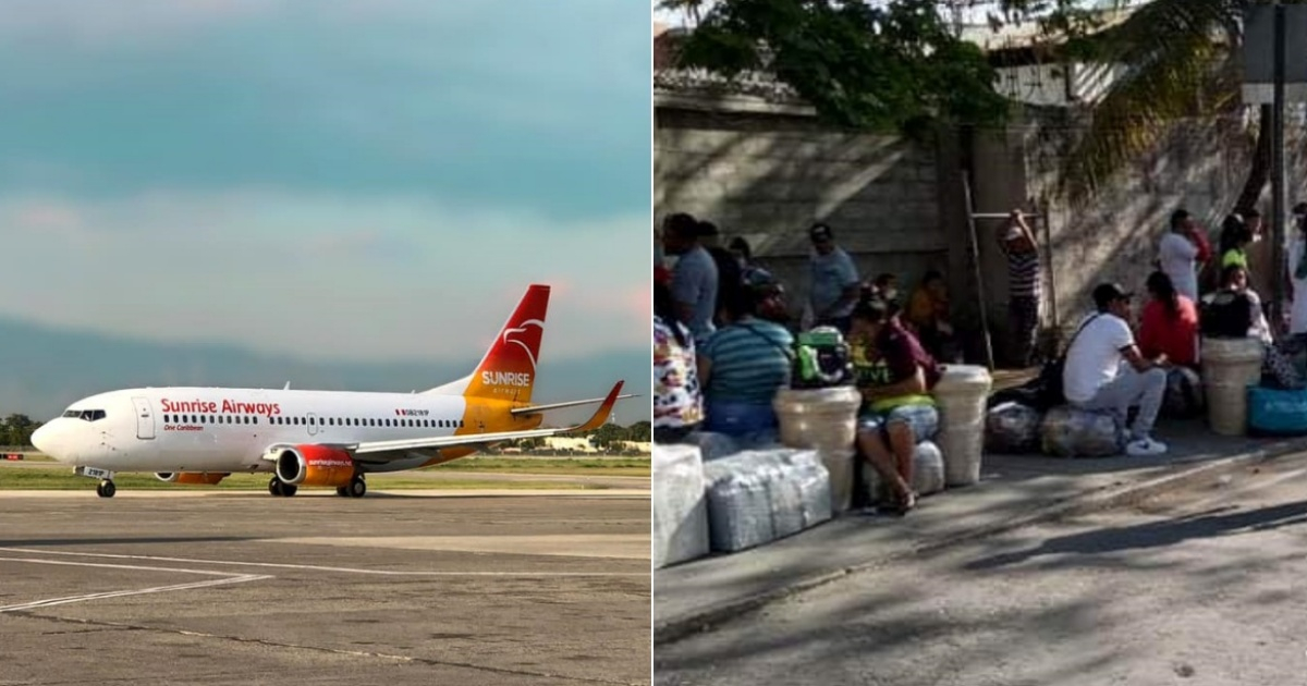 Avión de la compañía aérea y cubanos varados en Haití © Facebook