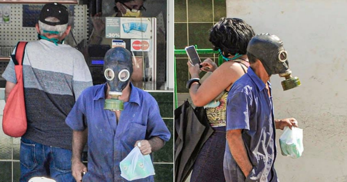 Cubano con máscara antigás, en plena pandemia del coronavirus. © Facebook / Silvino Corveas Becerra 