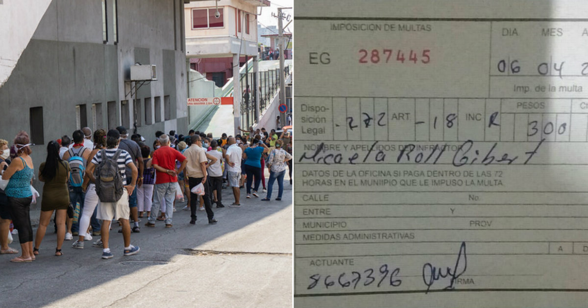 Cola en Cuba y la multa que le impusieron a la activista Micaela Roll © CiberCuba / Facebook / Micaela Roll Gibert