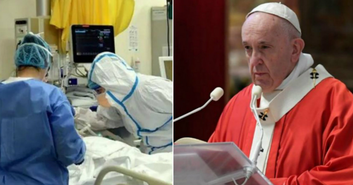 Personal sanitario atiende a un caso de coronavirus (i) Papa Francisco (d) © Collage Youtube/screenshot- Twitter/Vatican News