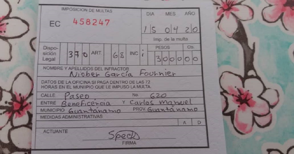 Foto de la multa aplicada a Niober García, respondiendo al Decreto Ley 370. © Facebook/Niober García