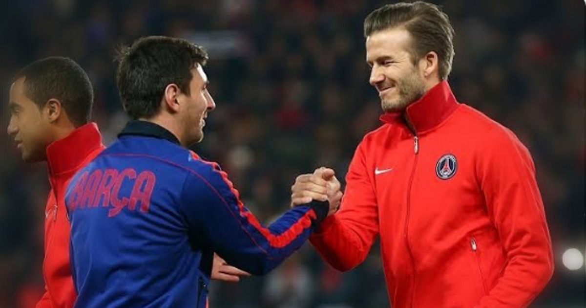 Messi y Beckham se saludan antes de enfrentarse en Champions. © @RMadridBabe