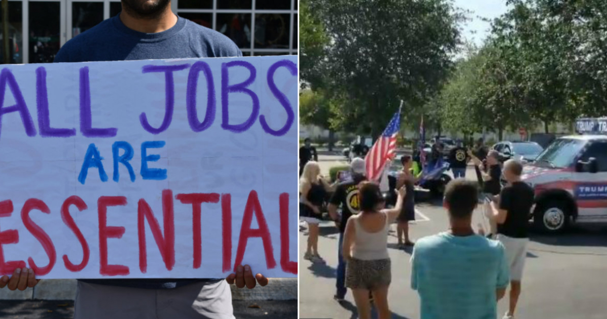Una persona sostiene un cartel que dice "Todos los trabajos son esenciales", en florida (i) y Protesta en Florida (d) © Collage Twitter/Florida Freedom