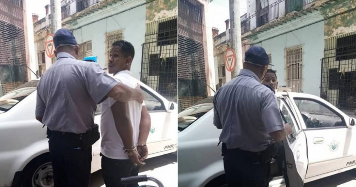 Policía arrestando a un joven por quitarse el nasobuco © Jacqueline Santana/ Facebook