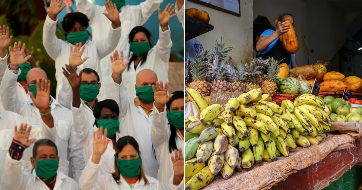 Médicos Cubanos (i) y Productos agrícolas en un mercado en Cuba (d) © Collage Facebok/José Ángel Portal Miranda - CiberCuba