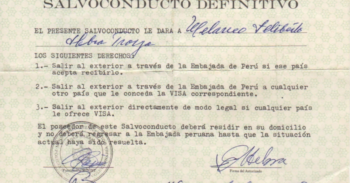 Salvoconducto para refugiados en Embajada de Perú en La Habana © Archivo Personal de Luis de la Paz