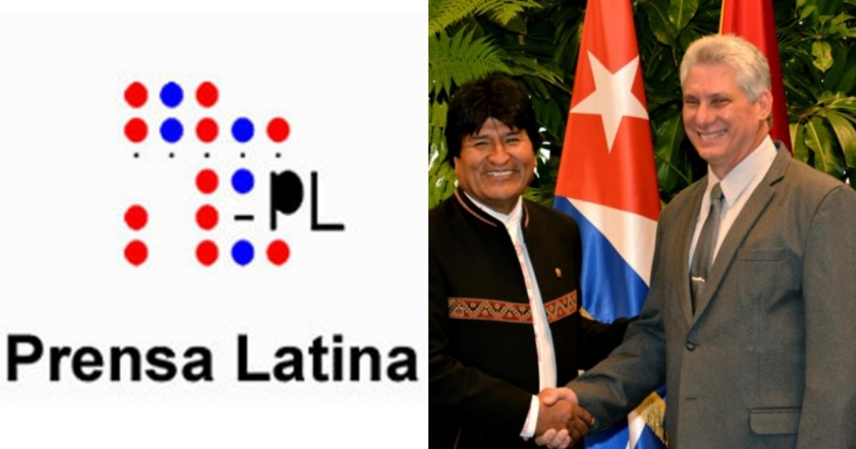 Logo de Prensa Latina (I), Morales junto a Díaz-Canel (d). © Collage