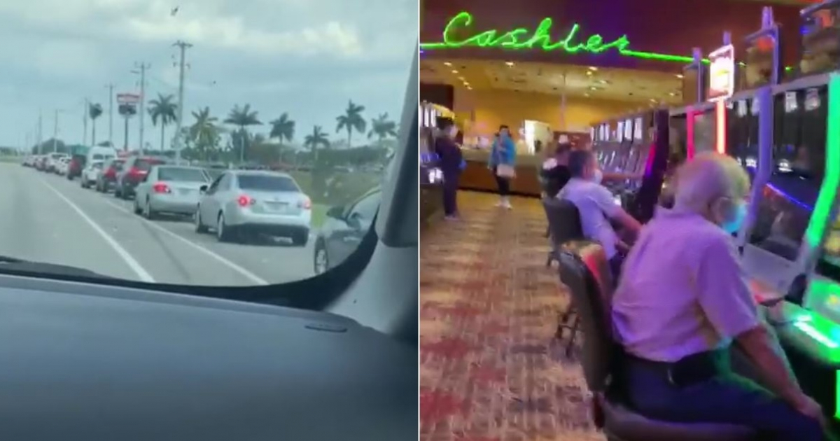 Fila de autos a la entrada del Casino Miccosukee y personas en su interior. © Captura de vídeo