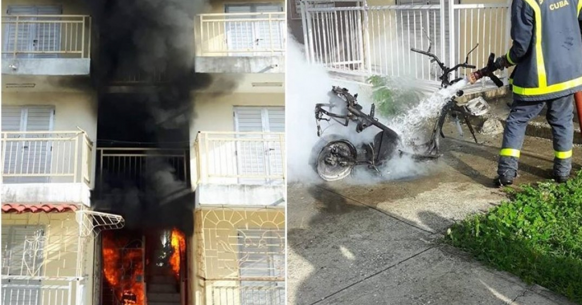 Incendio producido por la explosión y bombero apagando la moto © Yoanis Piñero Cantillo/ Facebook