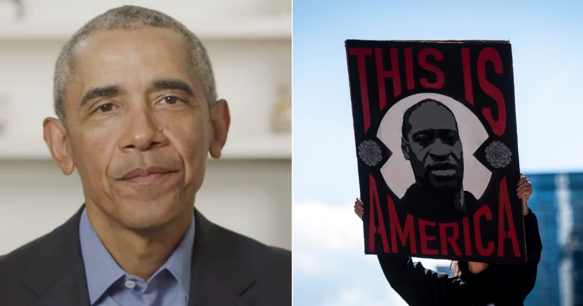 Barack Obama y un protestante con un cartel de George Floyd. © Collage con Twitter de Obama Foundation