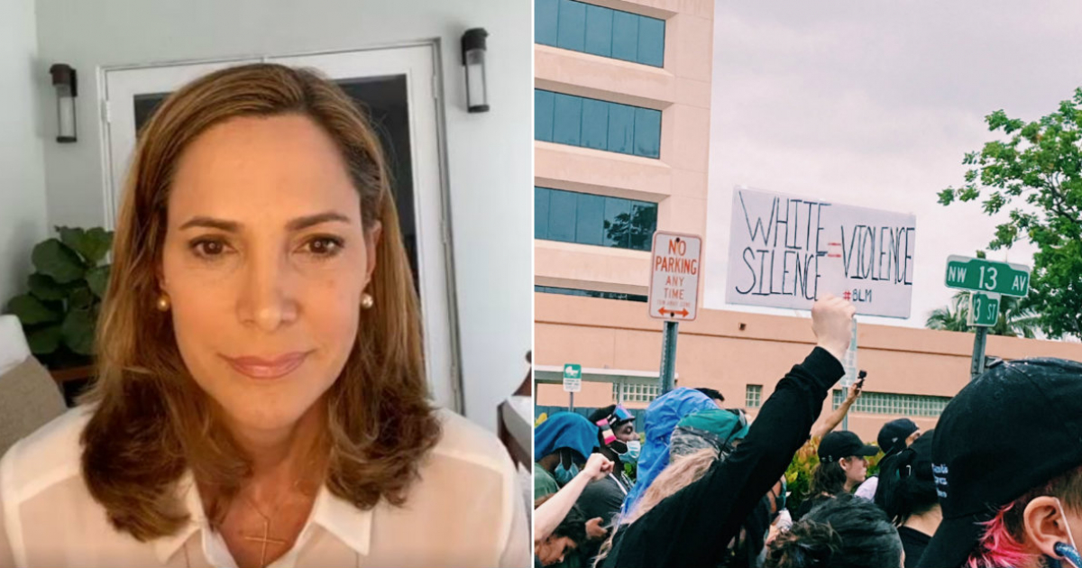 María Elvira Salazar (i) y Protestas en Miami por la muerte de George Floyd (d) © Collage Instagram/María Elvira Salazar - Twitter/Vicky Cairrao