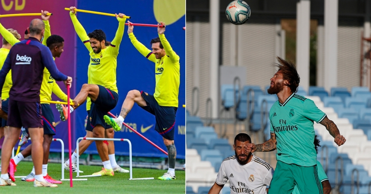 Entrenamientos de jugadores del Barça y el Real Madrid. © Collage con Twitter de los equipos