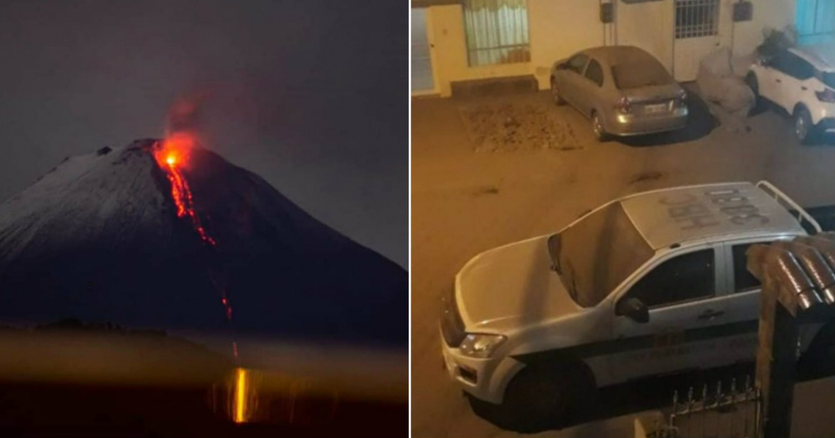 Momento de la erupción del volcán Sangay (i) y Estado en que quedaron las calles en Guayaquil, cubiertas de cenizas © Twiter/Carmita Luna deAcost