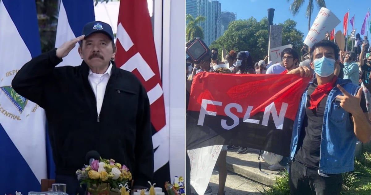 Daniel Ortega en Nicaragua y manifestación en Miami con bandera del FSLN. © Collage con captura de pantalla