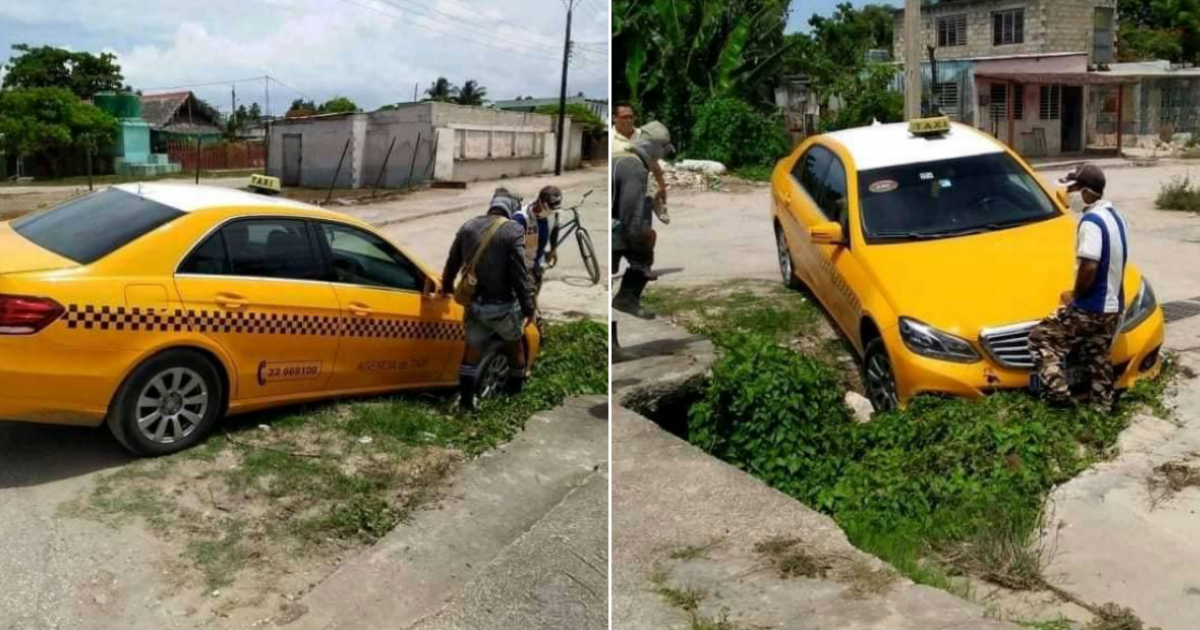 Un turitaxi fue la víctima más reciente de un bache en Nuevitas, Camagüey © Collage Facebook/Amigos del Motor