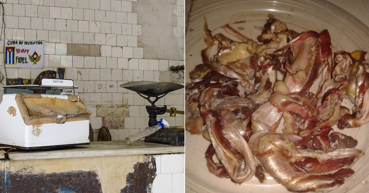 Carnicería en Cuba (imagen de archivo) y restos de carne dada por la dieta. © Collage con CiberCuba y Facebook / Tahymi Monzon