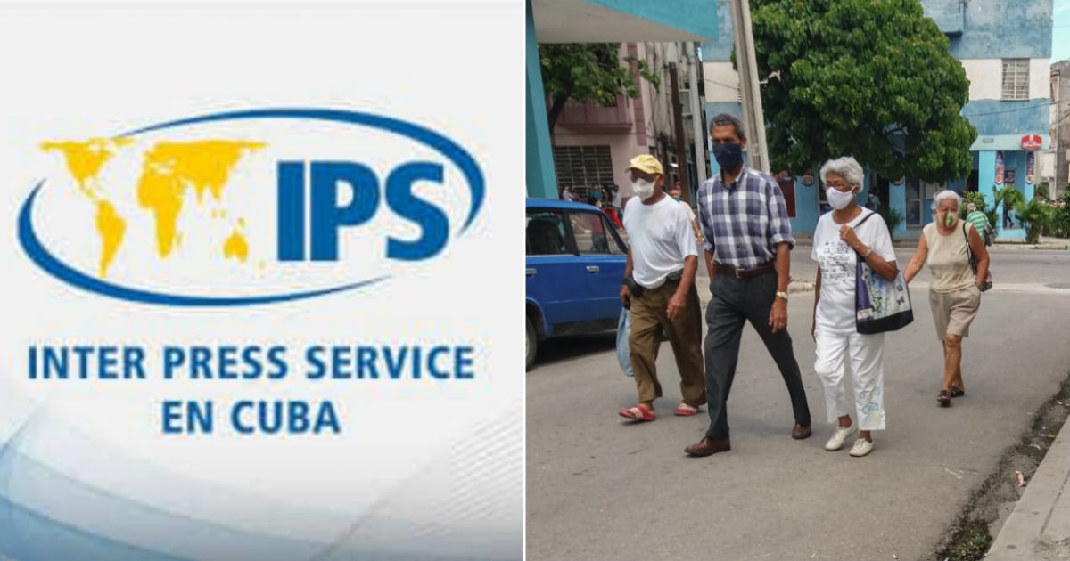 Logo de IPS CUBA (i) y Personas con mascarillas en Cuba © IPS-Cuba - CiberCuba