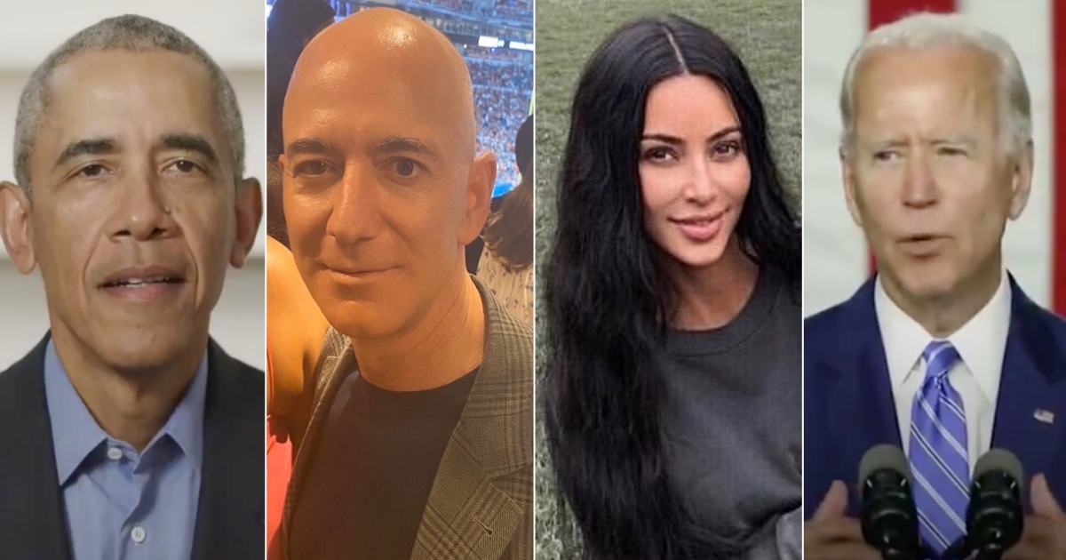 Barack Obama, Jeff Bezos, Kim Kardashian y Joe Biden, entre los hackeados. © Collage con Twitter de los referidos