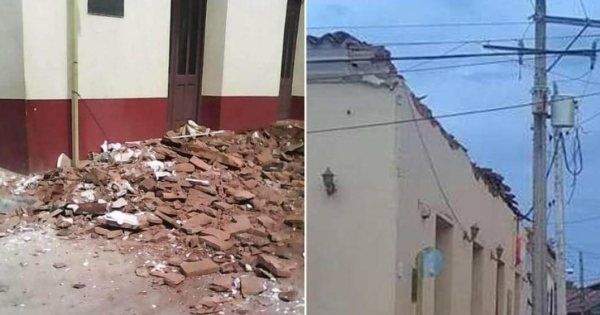 Escombros en la acera y edificio que perdió el techo © Roberto del Portal Reyes/ Facebook