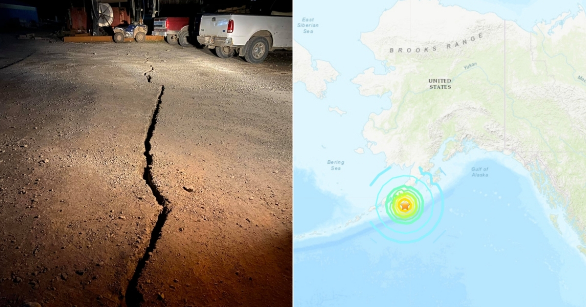Grieta en una ciudad de Alaska y punto exacto del sismo. © Collage con Facebook de Allan Starnes y captura de pantalla de USGS