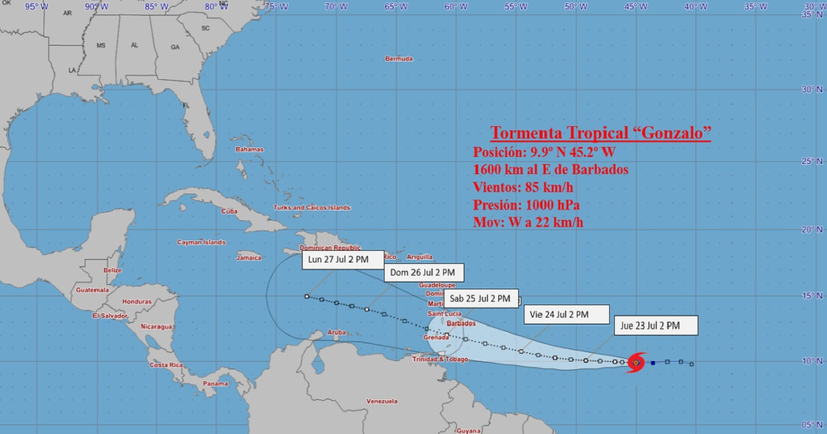 Cono de probabilidades de la tormenta tropical Gonzalo el 22 de julio. © Insmet