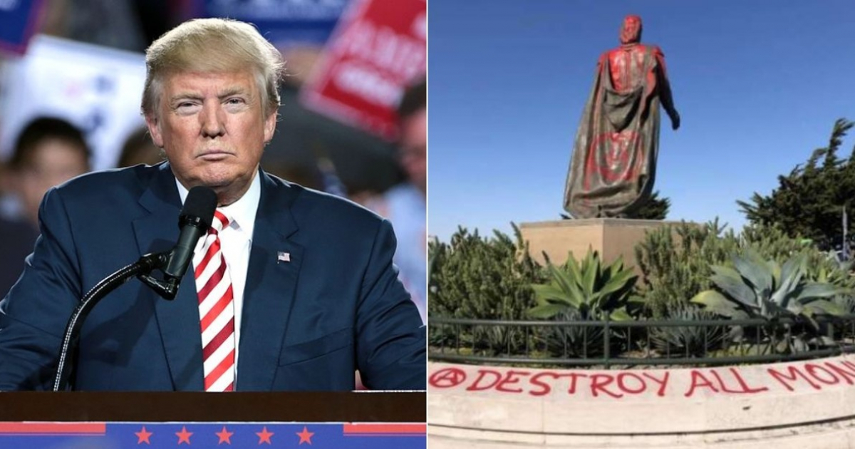 Trump y estatua vandalizada en Estados Unidos © Gage Skidmore y North Beach News / Facebook