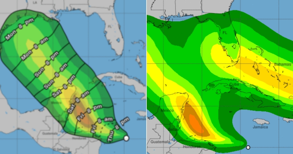 Posible cono de trayectoria de la depresión tropical 14. © NHC