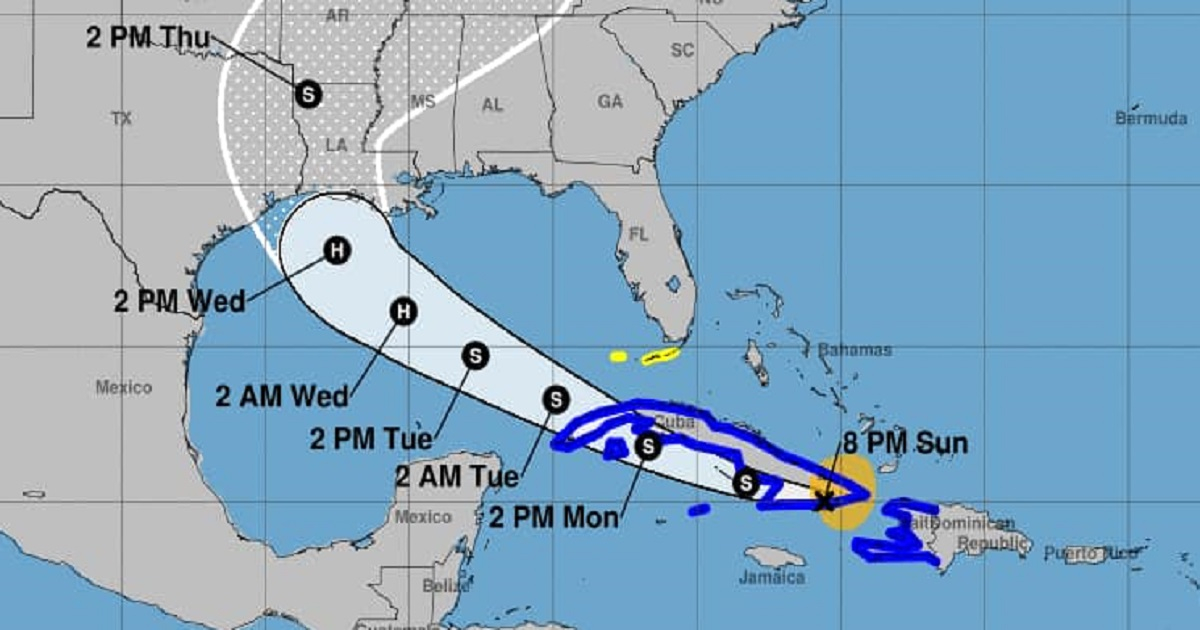Cono de probabilidades de trayectoria de la tormenta tropical Laura. © NOAA