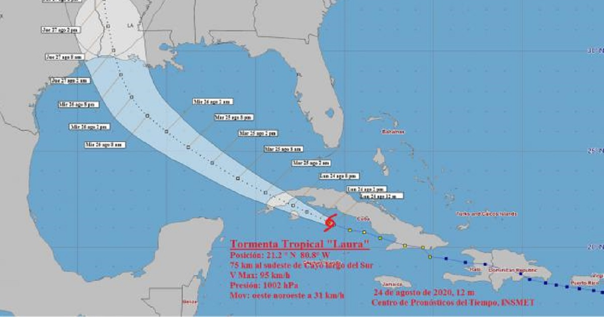 Cono de probabilidades de trayectoria de la tormenta tropical Laura este lunes. © Instituto de Meteorología de Cuba