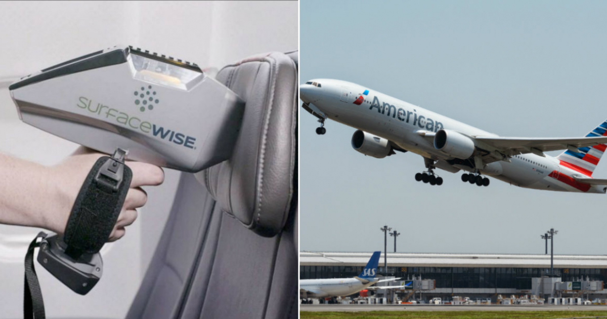 El desinfectante aplicado sobre el asiento de un avión (i) y Avión de American Airlines (d) © Collage YouTube/screenshot-Abcnews - Flickr