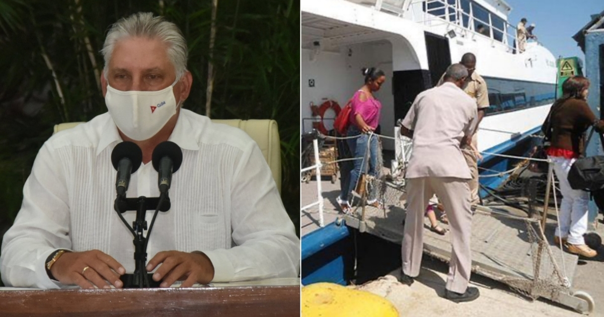 Miguel Díaz-Canel y personas en transporte marítimo de Isla de la Juventud. (imágenes de referencia) © Collage con Twitter de Presidencia de Cuba y ACN