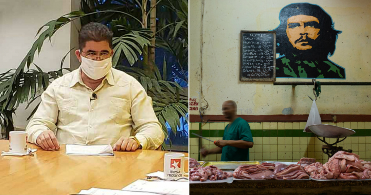 El ministro Manuel Sobrino Martínez (i) y Venta de carne de cerdo en Cuba (referencia) (d) © Collage Prensa Latina - CiberCuba