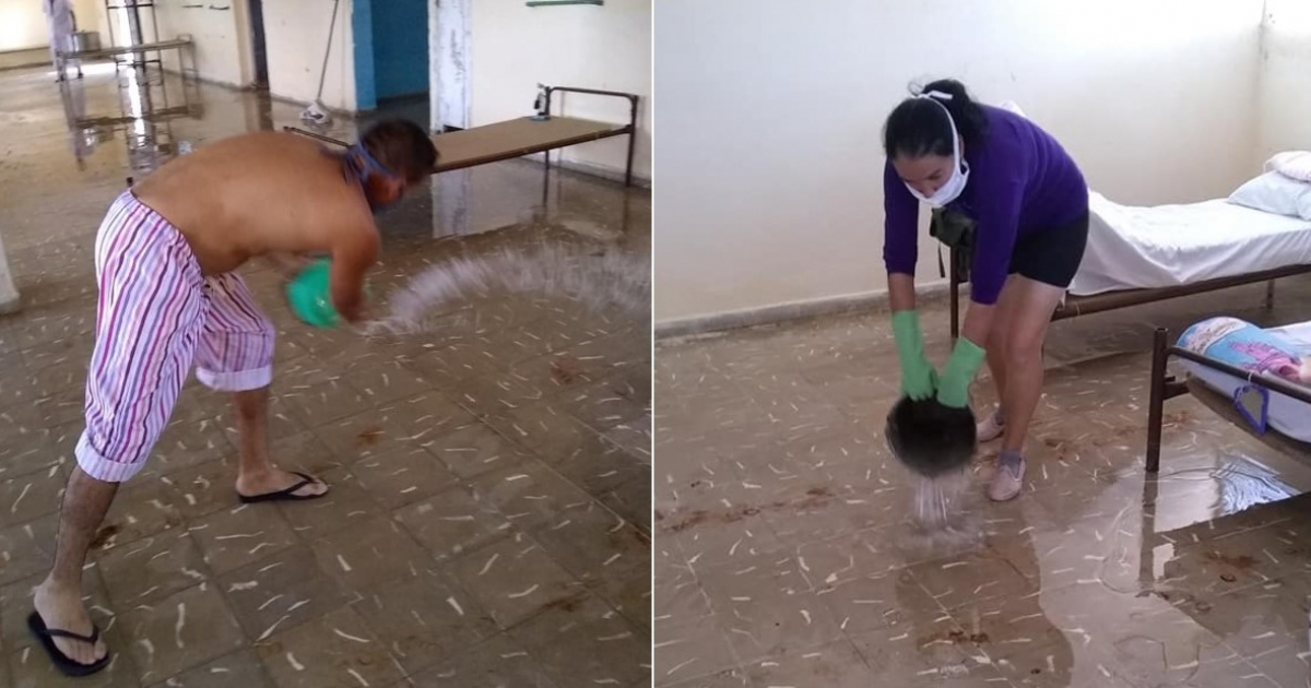 Cubanos limpiando centro de aislamiento © Facebook / Yara Delgado